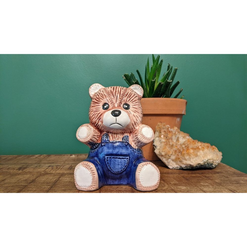 Vintage Teddy Bear In Overalls Bank - Ceramic